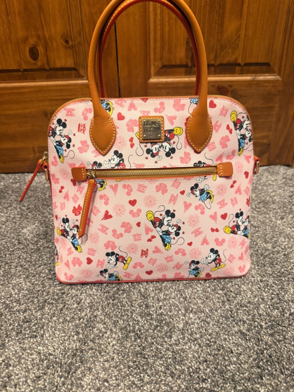 Dooney & Bourke Pink Mickey Mouse Print Satchel with Tan Trim